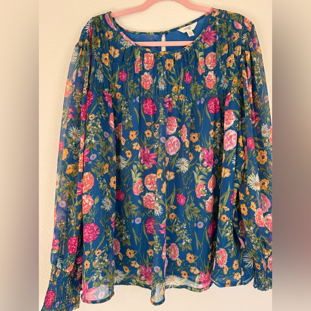 Terra & Sky Women’s Smocked Chiffon Floral Bohemian Blouse Plus Size 2X